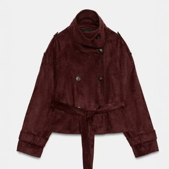 Damen Kurzjacke aus Wildlederimitat mit hohem Stehkragen und Bindegürtel Drune