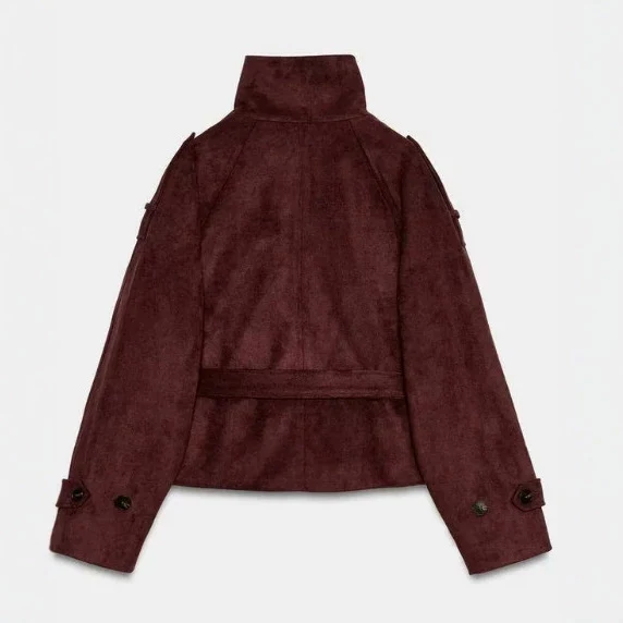 Damen Kurzjacke aus Wildlederimitat mit hohem Stehkragen und Bindegürtel Drune