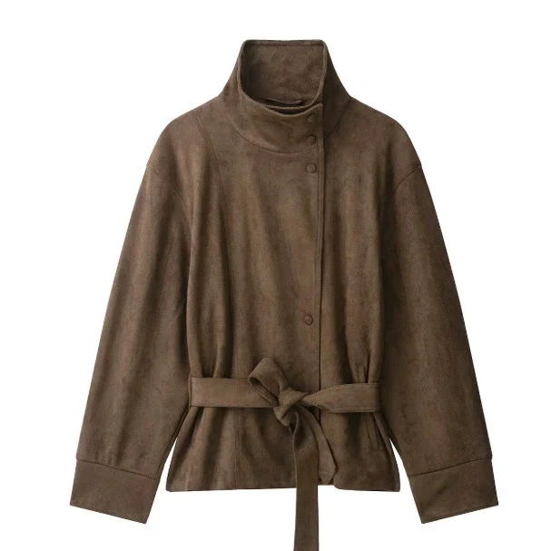 Damen Kurzjacke aus Veloursoptik mit Stehkragen und Taillengürtel Drune