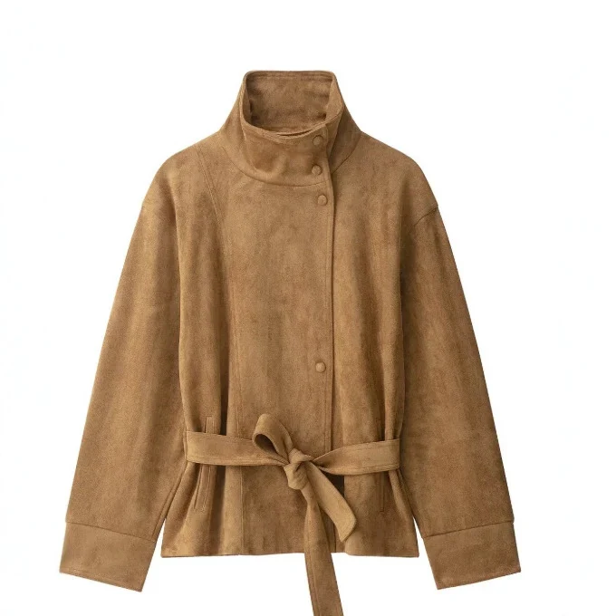Damen Kurzjacke aus Veloursoptik mit Stehkragen und Taillengürtel Drune