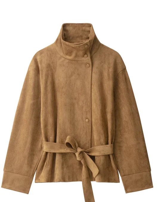 Damen Kurzjacke aus Veloursoptik mit Stehkragen und Taillengürtel Drune