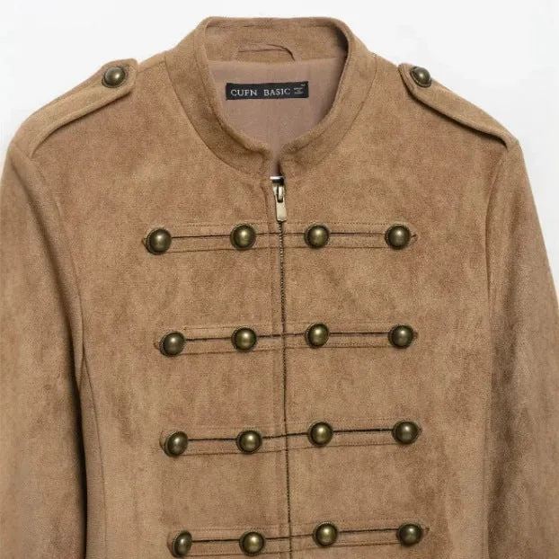 Damen Kurzjacke aus Velourslederoptik im Offiziersstil mit dekorativer Knopfleiste Drune
