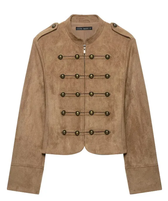 Damen Kurzjacke aus Velourslederoptik im Offiziersstil mit dekorativer Knopfleiste Drune