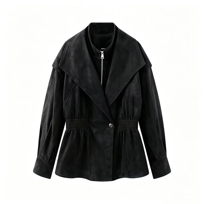 Damen Kurzjacke aus Veloursimitat mit weitem Schalkragen und Taillenraffung Drune