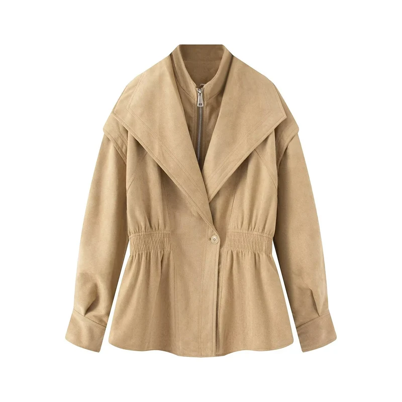 Damen Kurzjacke aus Veloursimitat mit weitem Schalkragen und Taillenraffung Drune