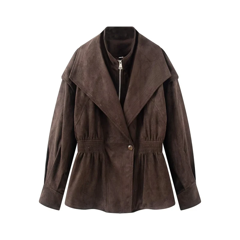 Damen Kurzjacke aus Veloursimitat mit weitem Schalkragen und Taillenraffung Drune