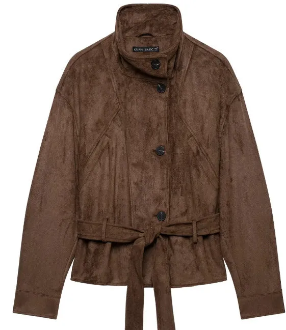 Damen Kurzjacke aus Veloursimitat mit Stehkragen und Taillengürtel Drune