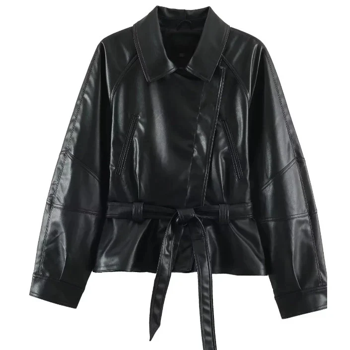 Damen Kurzjacke aus veganem Leder mit Taillengürtel und überschnittenen Schultern Drune