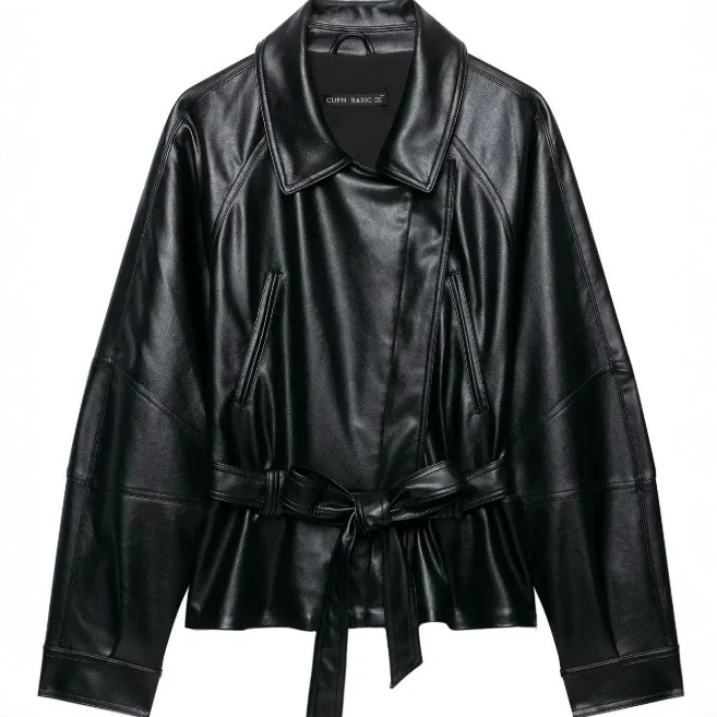 Damen Kurzjacke aus veganem Leder mit Taillengürtel und überschnittenen Schultern Drune