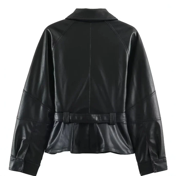 Damen Kurzjacke aus veganem Leder mit Taillengürtel und überschnittenen Schultern Drune
