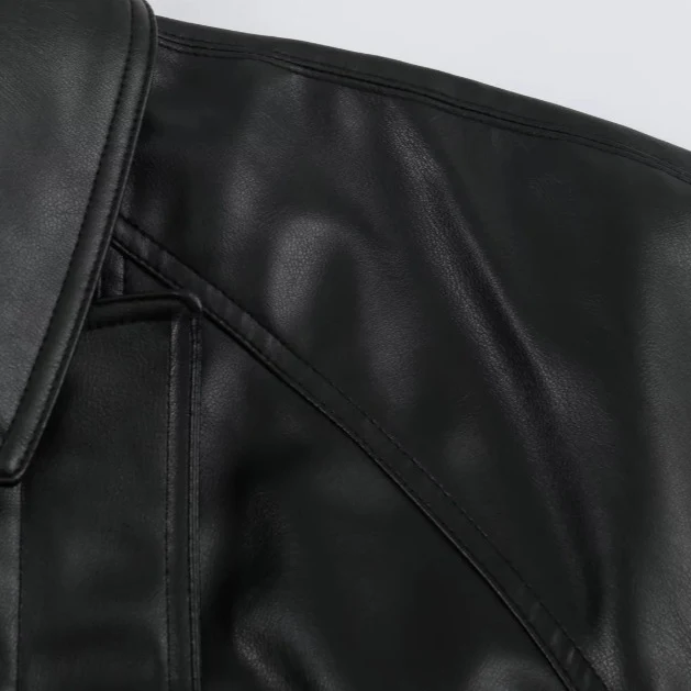 Damen Kurzjacke aus veganem Leder mit Taillengürtel und überschnittenen Schultern Drune