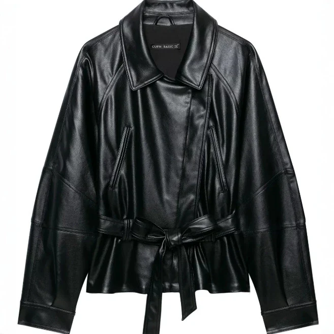 Damen Kurzjacke aus veganem Leder mit Taillengürtel und überschnittenen Schultern Drune