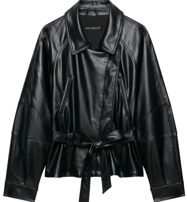 Damen Kurzjacke aus veganem Leder mit Taillengürtel und überschnittenen Schultern Drune