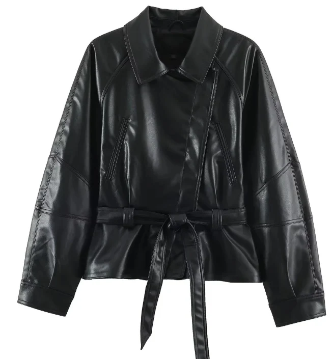 Damen Kurzjacke aus veganem Leder mit Taillengürtel und überschnittenen Schultern Drune