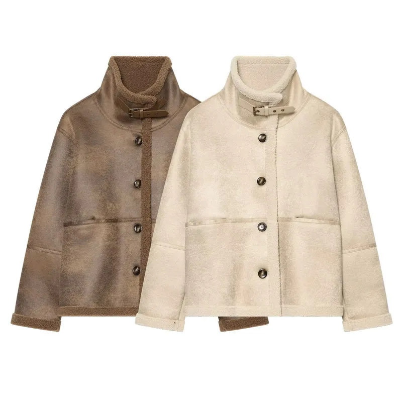 Damen Kurzjacke aus Teddy-Fleece mit Funnelkragen und Schnallenverschluss Drune