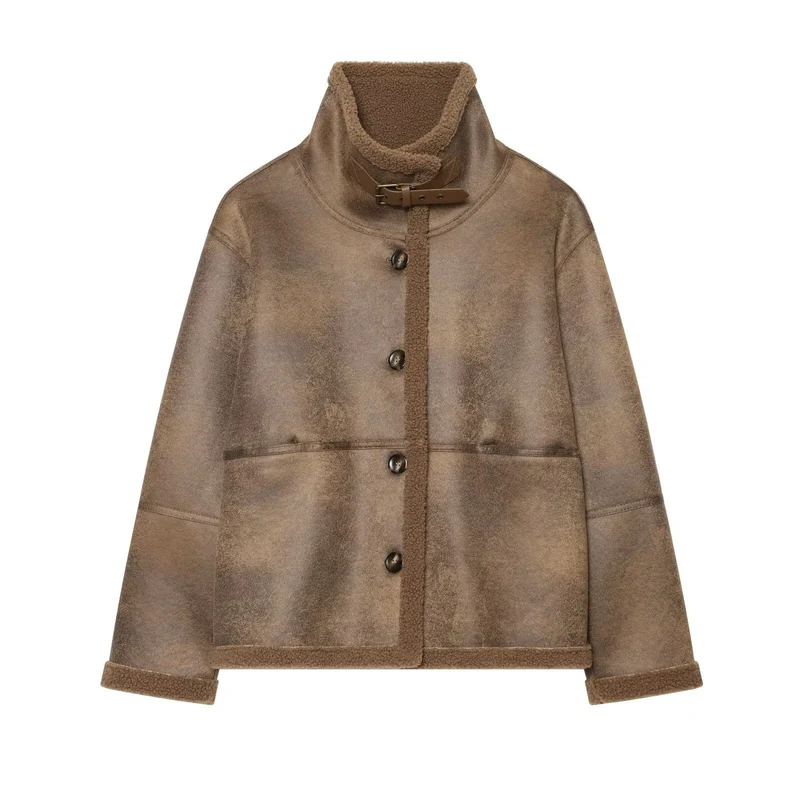 Damen Kurzjacke aus Teddy-Fleece mit Funnelkragen und Schnallenverschluss Drune