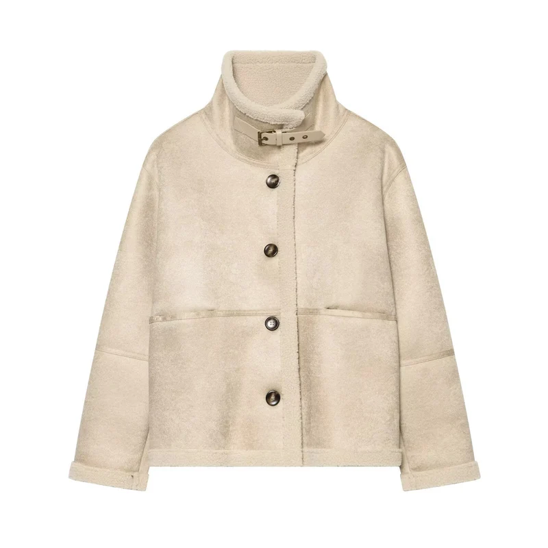 Damen Kurzjacke aus Teddy-Fleece mit Funnelkragen und Schnallenverschluss Drune
