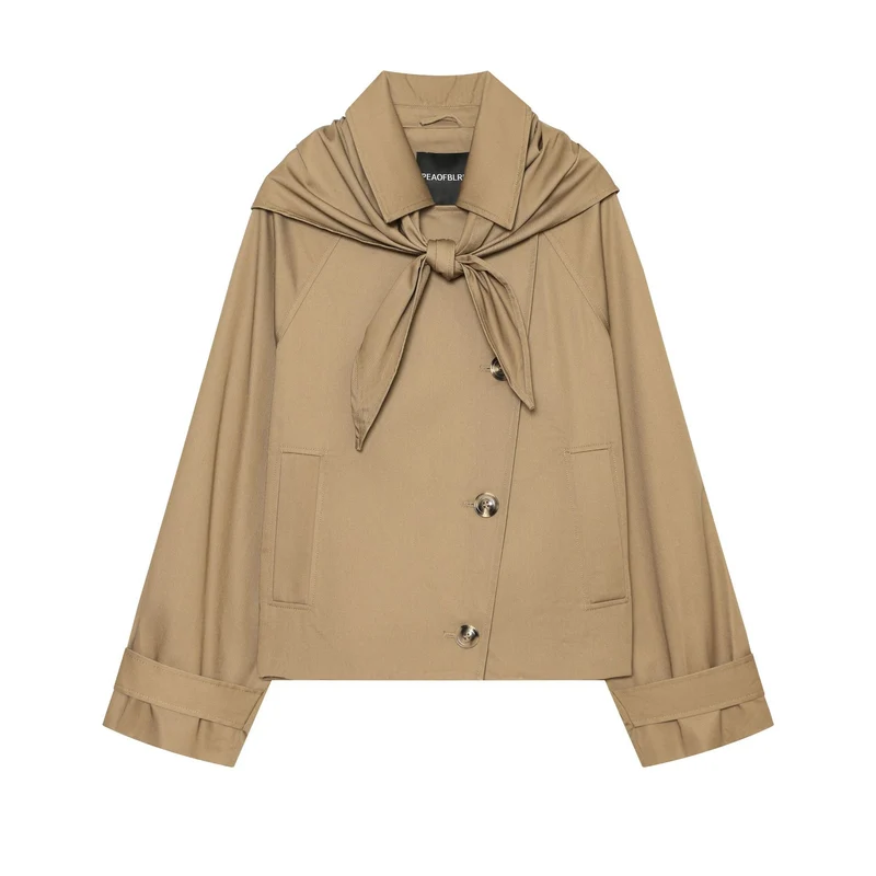 Damen Kurzgeschnittener Cape‑Trench mit integriertem Bindeschal und überschnittener Schulterpartie Drune