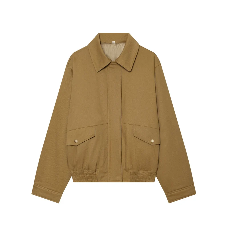Damen Kurzgeschnittene Utility‑Blousonjacke mit Hemdkragen, Pattentaschen und elastischem Saum Drune