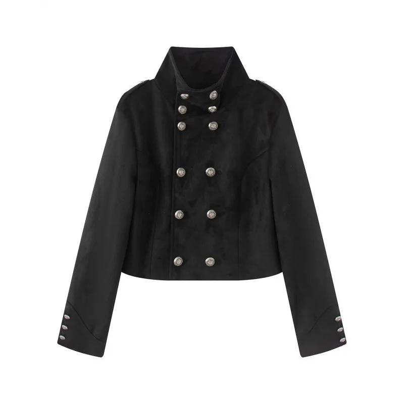 Damen Kurzgeschnittene Taillierte Militärblousonjacke mit hohem Stehkragen, doppelreihigen Metallknöpfen und Schulterriegeln Drune