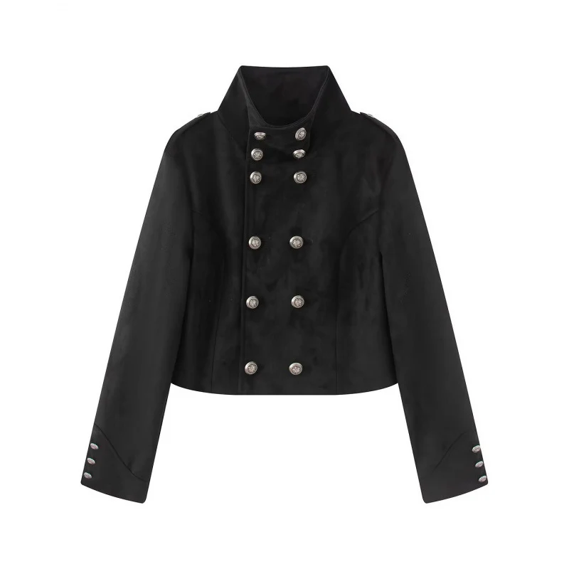 Damen Kurzgeschnittene Taillierte Militärblousonjacke mit hohem Stehkragen, doppelreihigen Metallknöpfen und Schulterriegeln Drune