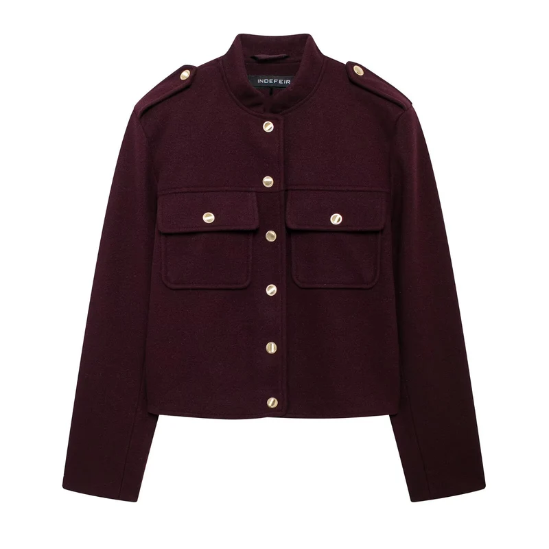 Damen Kurzgeschnittene Military‑Jacke mit Stehkragen, Pattentaschen und Zierknopfleiste Drune