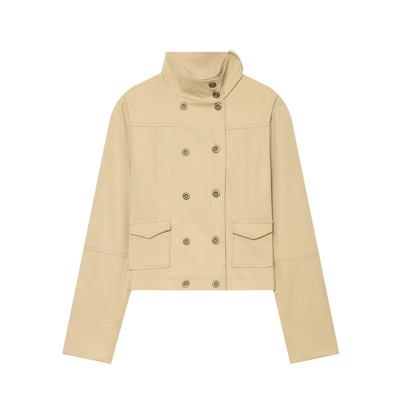 Damen Kurzgeschnittene doppeltreihige Fieldjacke mit Funnelkragen Drune