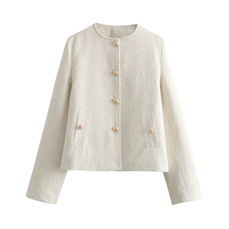 Damen Kurzgeschnittene Bouclé‑Tweedjacke mit Rundhalsausschnitt, Zierknöpfen und Pattentaschen Drune