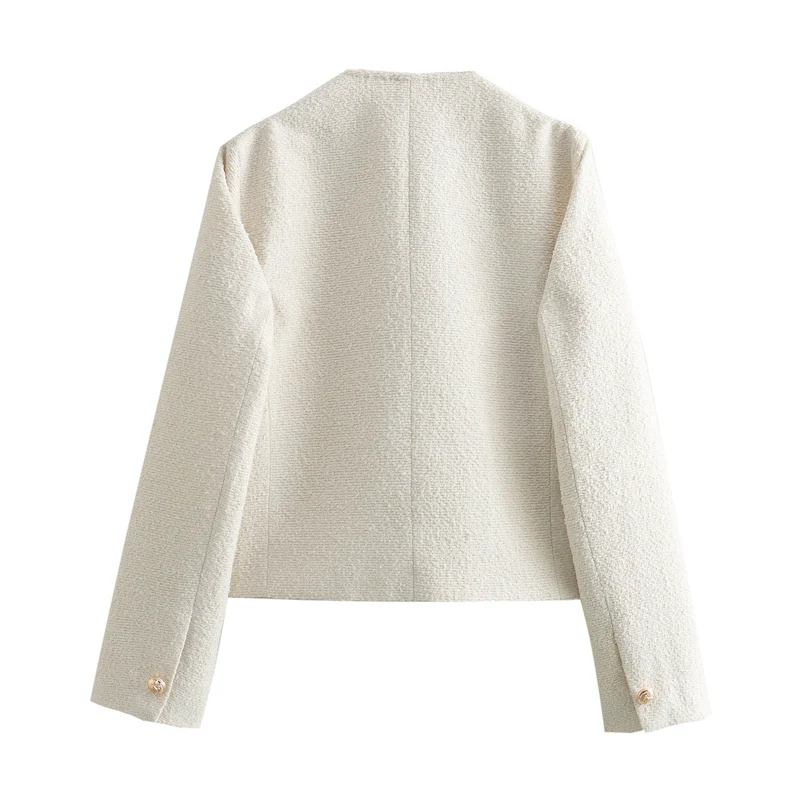 Damen Kurzgeschnittene Bouclé‑Tweedjacke mit Rundhalsausschnitt, Zierknöpfen und Pattentaschen Drune