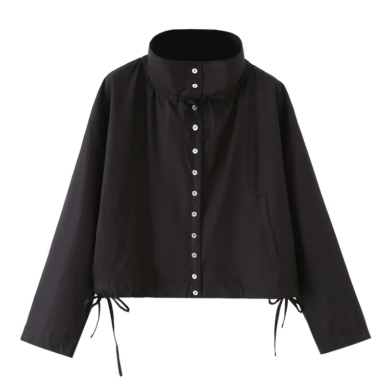 Damen kurzgeschnittene Blousonjacke mit hohem Stehkragen, Knopfleiste und Tunnelzug Drune