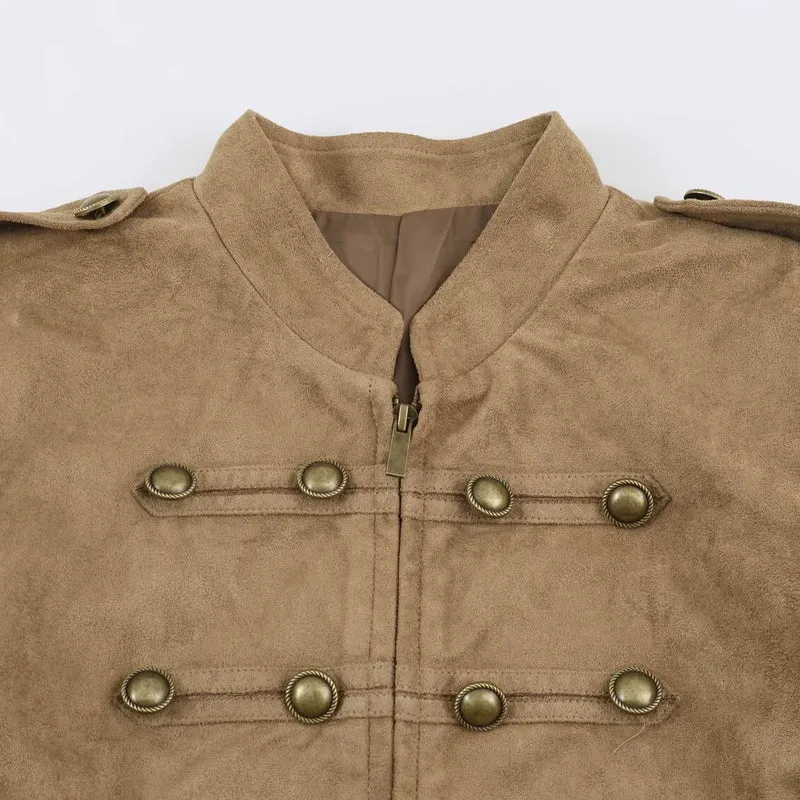Damen Kurzes Militärjackett aus Velourslederimitat mit Stehkragen und Zierknopfleiste Drune