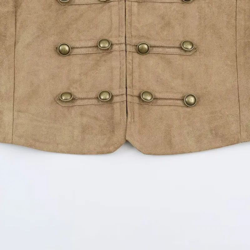Damen Kurzes Militärjackett aus Velourslederimitat mit Stehkragen und Zierknopfleiste Drune