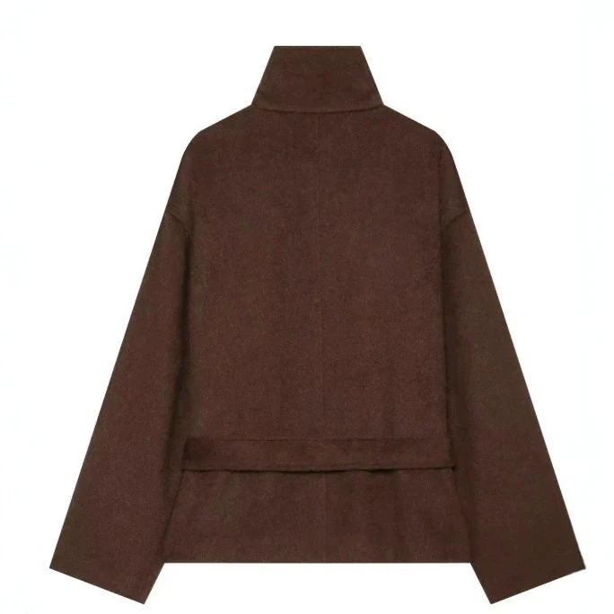 Damen Kurzer Wollmix‑Capecoat mit hohem Stehkragen, verdeckter Knopfleiste und Taillenbindegürtel Drune