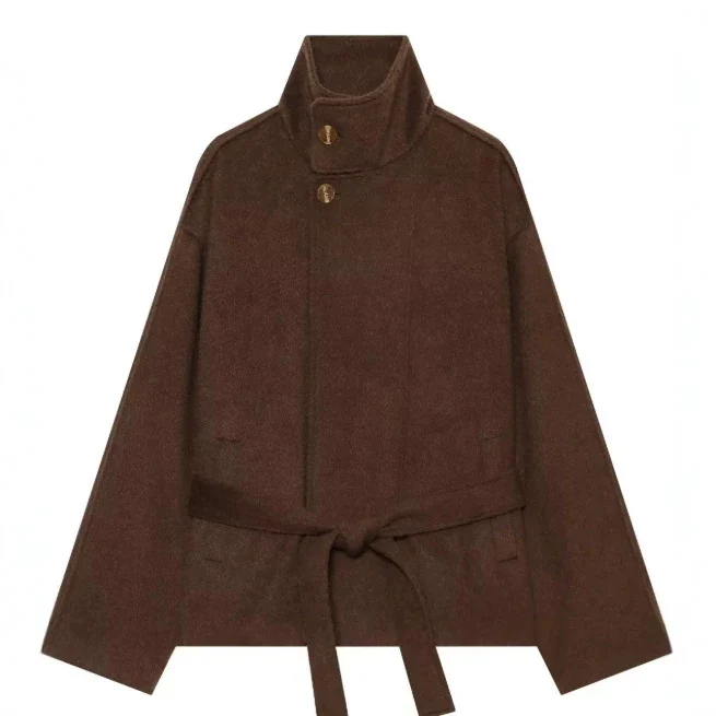 Damen Kurzer Wollmix‑Capecoat mit hohem Stehkragen, verdeckter Knopfleiste und Taillenbindegürtel Drune