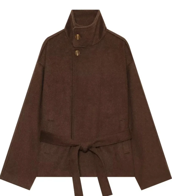 Damen Kurzer Wollmix‑Capecoat mit hohem Stehkragen, verdeckter Knopfleiste und Taillenbindegürtel Drune