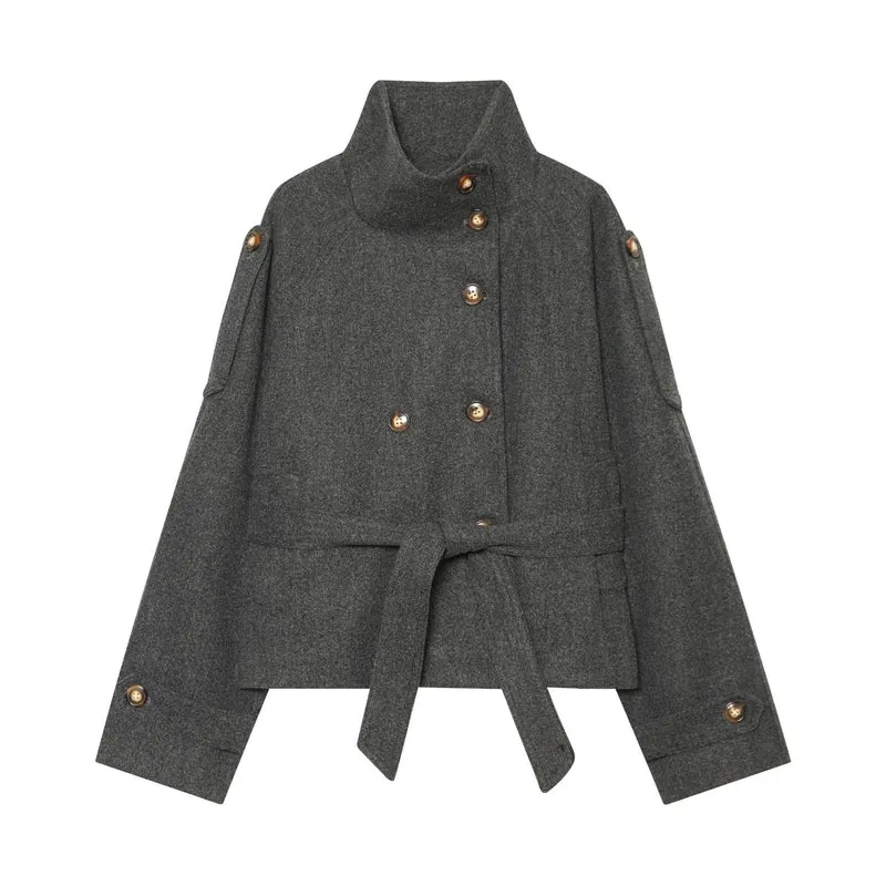 Damen Kurzer Wollcape-Mantel mit doppelreihiger Knopfleiste, hohem Stehkragen und Taillengürtel Drune
