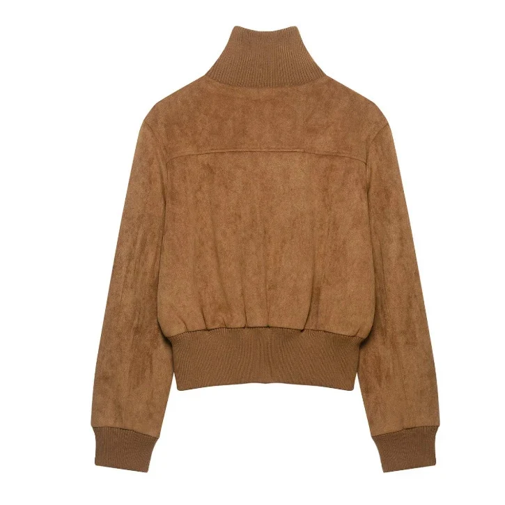 Damen Kurzer Veloursleder‑Bomber mit Stehkragen, aufgesetzten Klappentaschen und Rippenbündchen Drune