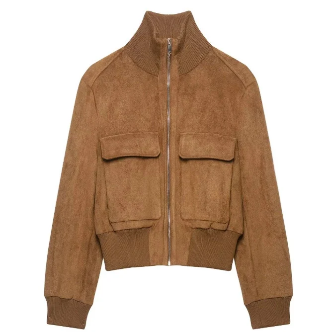 Damen Kurzer Veloursleder‑Bomber mit Stehkragen, aufgesetzten Klappentaschen und Rippenbündchen Drune