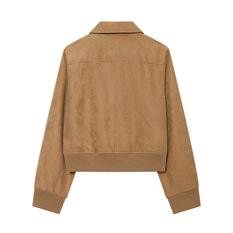 Damen Kurzer Veloursleder‑Bomber mit Reißverschluss, Pattentaschen und Rippsaum Drune