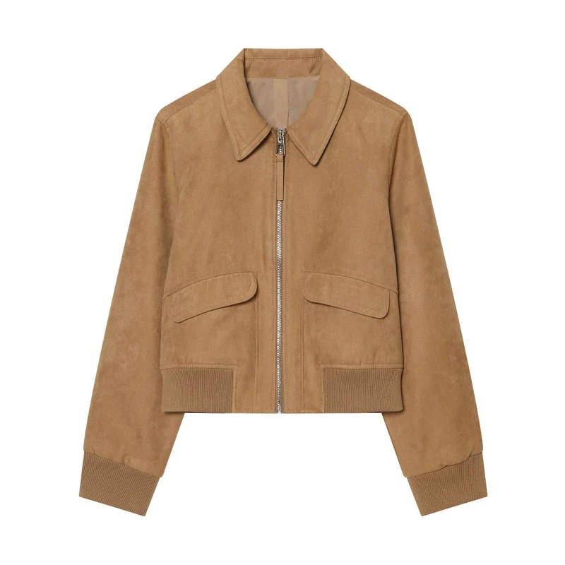 Damen Kurzer Veloursleder‑Bomber mit Reißverschluss, Pattentaschen und Rippsaum Drune
