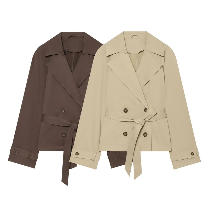Damen kurzer taillierter Trench‑Blouson mit Bindegürtel, doppelreihiger Knopfleiste und weitem Revers Drune