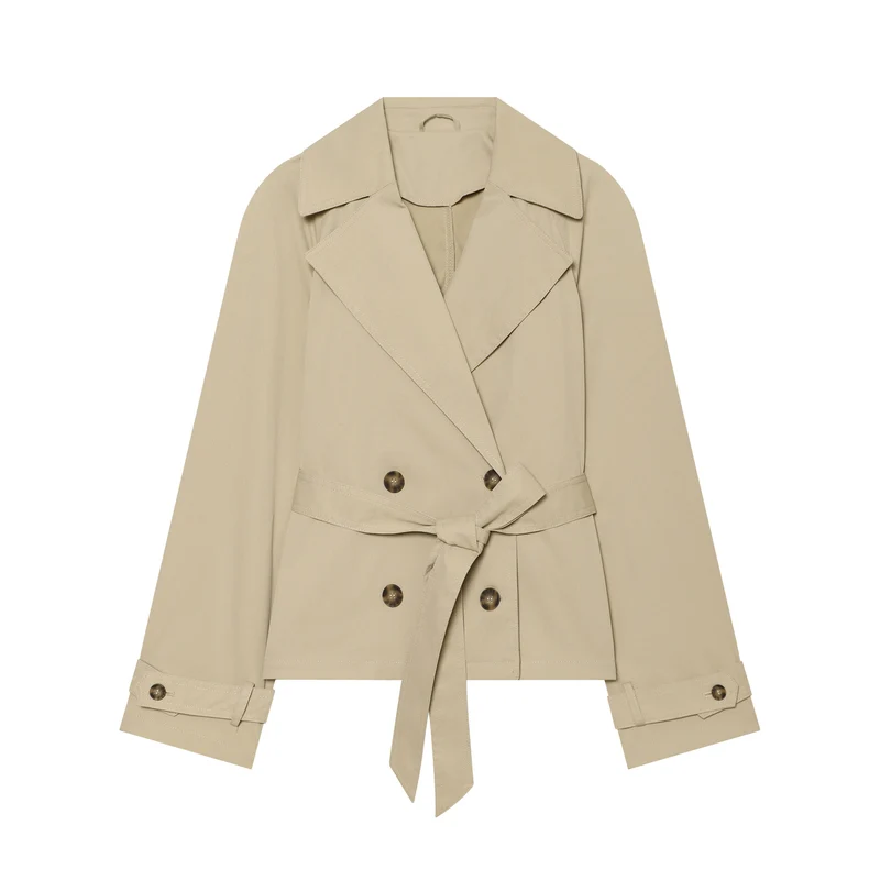 Damen kurzer taillierter Trench‑Blouson mit Bindegürtel, doppelreihiger Knopfleiste und weitem Revers Drune