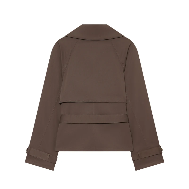 Damen kurzer taillierter Trench‑Blouson mit Bindegürtel, doppelreihiger Knopfleiste und weitem Revers Drune