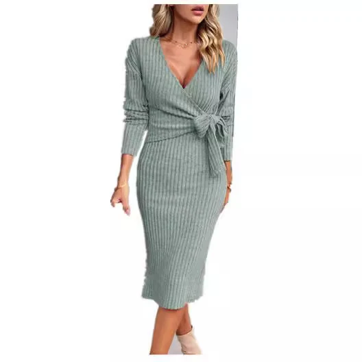 Damen Stylishes Wickelkleid im Rippstrickdesign Drune