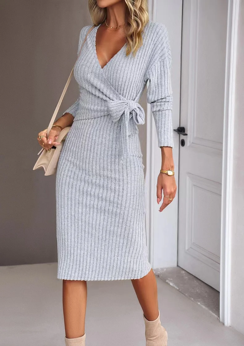 Damen Stylishes Wickelkleid im Rippstrickdesign Drune