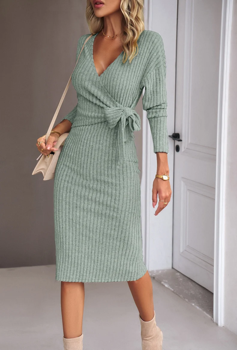 Damen Stylishes Wickelkleid im Rippstrickdesign Drune