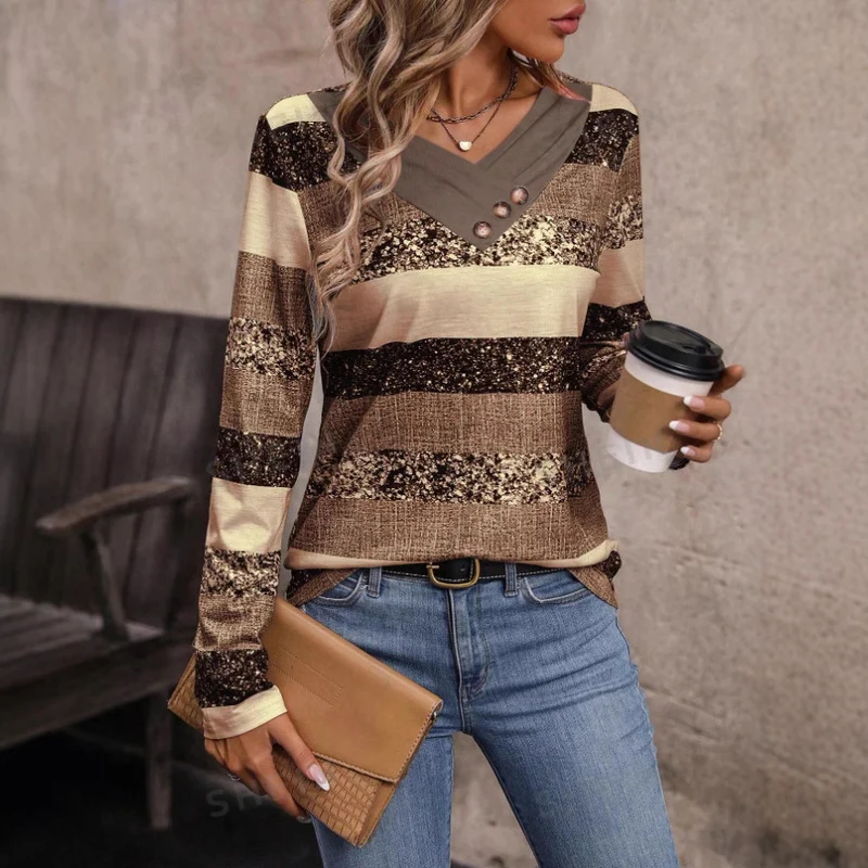 Damen Stylisches Longsleeve-Oberteil mit V-Ausschnitt und Knopfdetails Drune