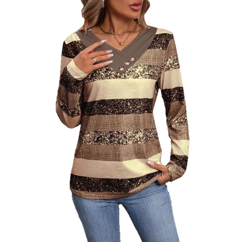 Damen Stylisches Longsleeve-Oberteil mit V-Ausschnitt und Knopfdetails Drune