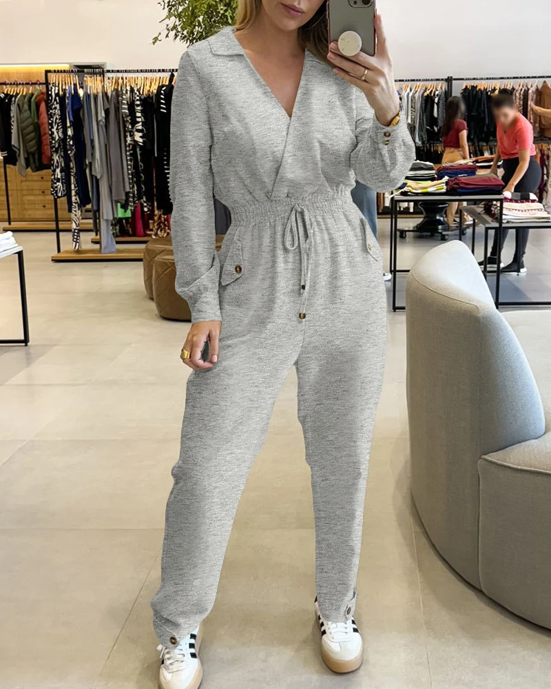 Damen Stilvoller Jumpsuit mit Wickeldesign und Taillengürtel Drune