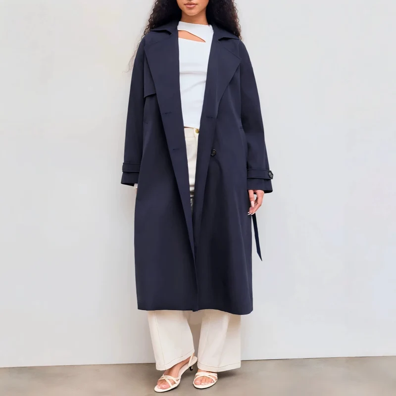 Damen Modischer Trenchcoat mit breitem Kragen Drune